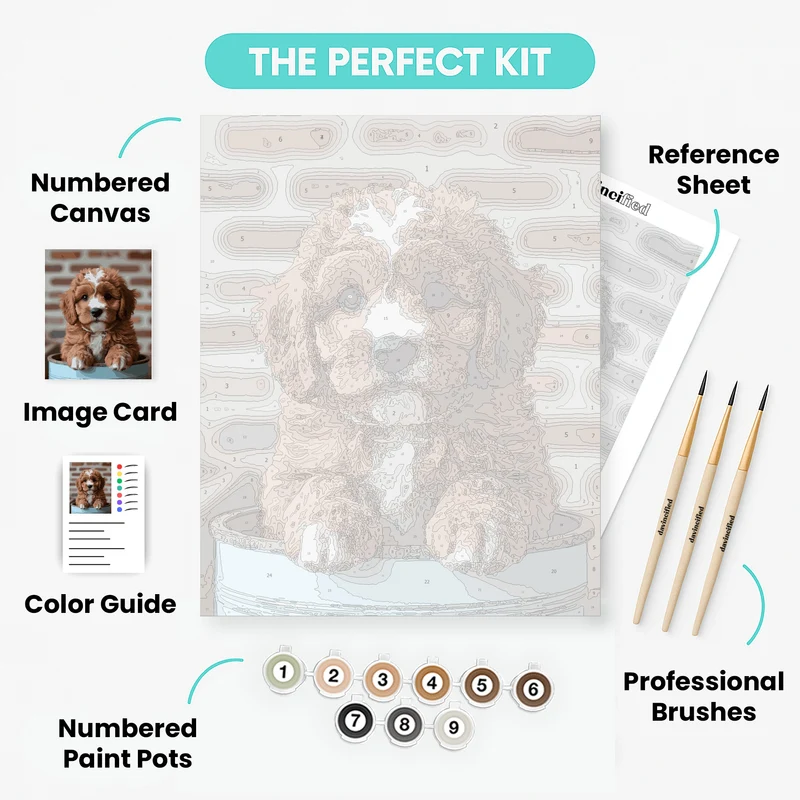 Cockapoo Puppy in Blue Bucket - Paint by Numbers Kit
