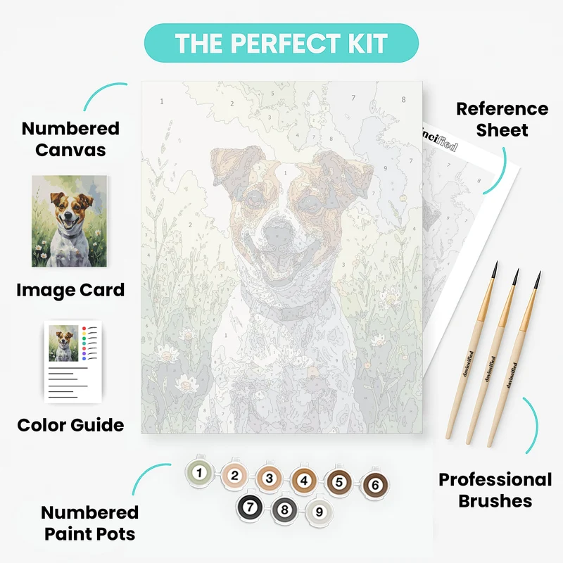 Happy Jack Russell in Flower Meadow - Paint by Numbers Kit