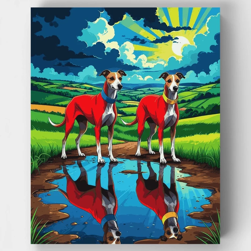 Two Greyhounds in Red Coats - Paint by Numbers Kit