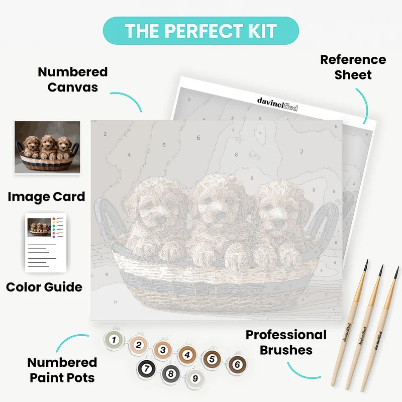 Three Goldendoodle Puppies in a Basket - Paint by Numbers Kit