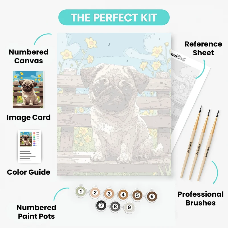 Adorable Pug Puppy on Bench - Paint by Numbers Kit