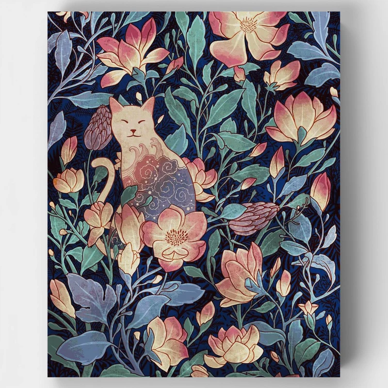 "Cat and magnolia" Paint by Numbers Kit
