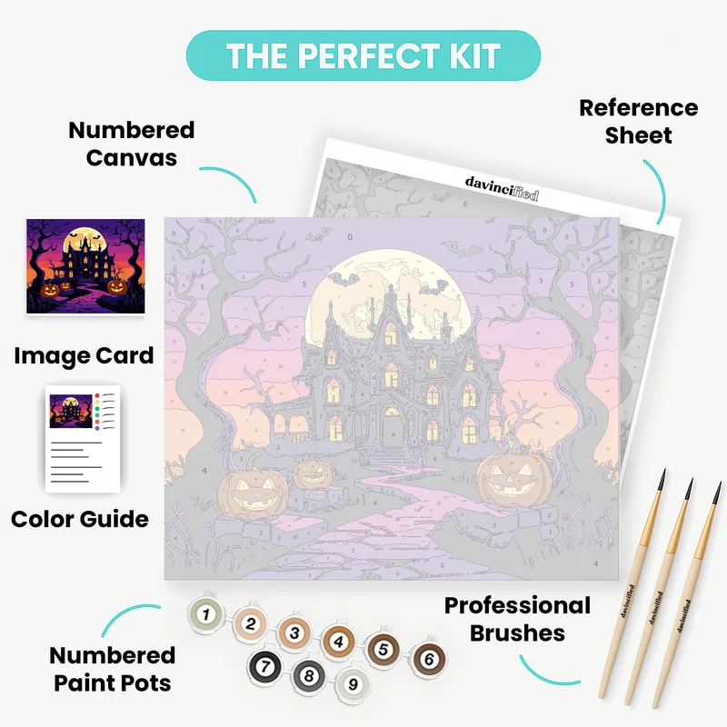 Gothic Halloween Mansion with Pumpkins - Paint by Numbers Kit
