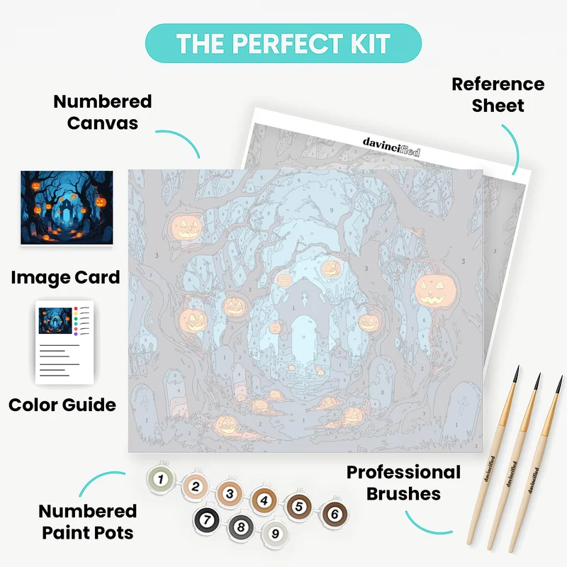 Spooky Halloween Cemetery with Glowing Jack-o'-Lanterns - Paint by Numbers Kit