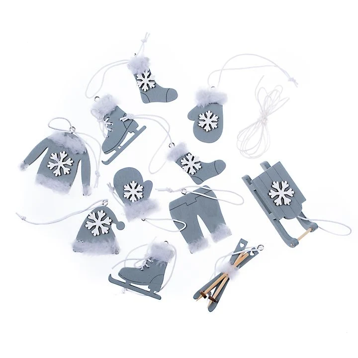Wooden Decorative Ornaments with Christmas Motifs, Set of 12