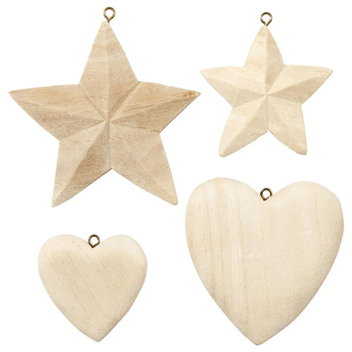 Wooden Decorations, Hearts and Stars, Set of 4