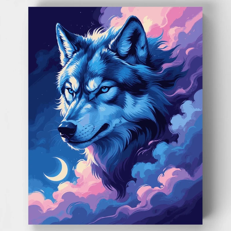 Mystical Blue Wolf in Cosmic Clouds - Paint by Numbers Kit