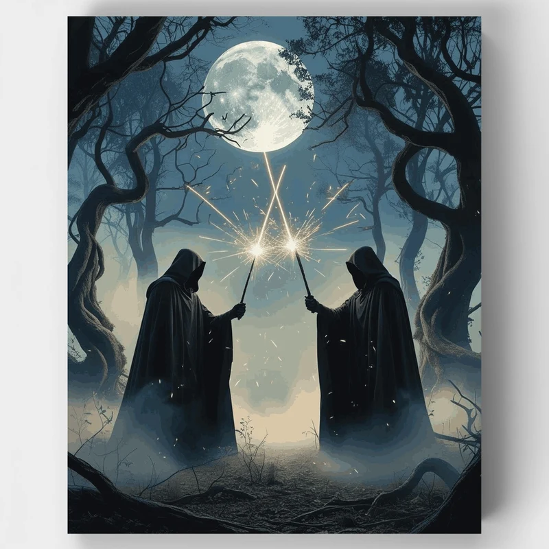 Mystical Wizards Moonlight Duel - Paint by Numbers Kit