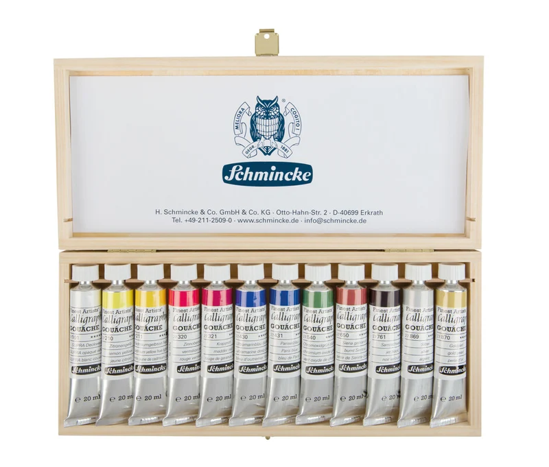 Ξύλινη κασετίνα με χρώματα γκουάς Schmincke Calligraphy Gouache 12 x 20 ml